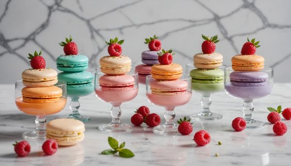 Macarons colorés et mousses légères aux fruits rouges